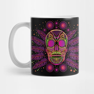 mexican sugar skull with feathers, bright neon colors Mug